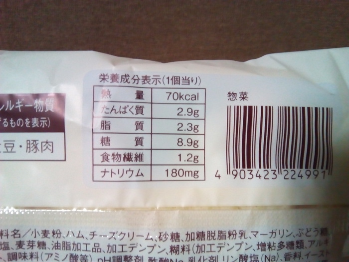 ローソン チーズとハムのロール 2個入 栄養成分表示