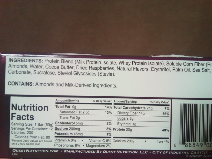 クエストバー ホワイトチョコレートラズベリー 栄養成分表示